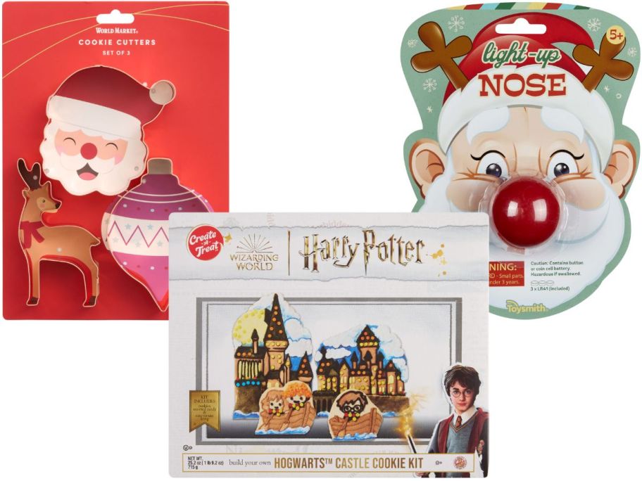 cookie cutters, Santa's light up nose, and a Harry Potter cookie decorating kit 