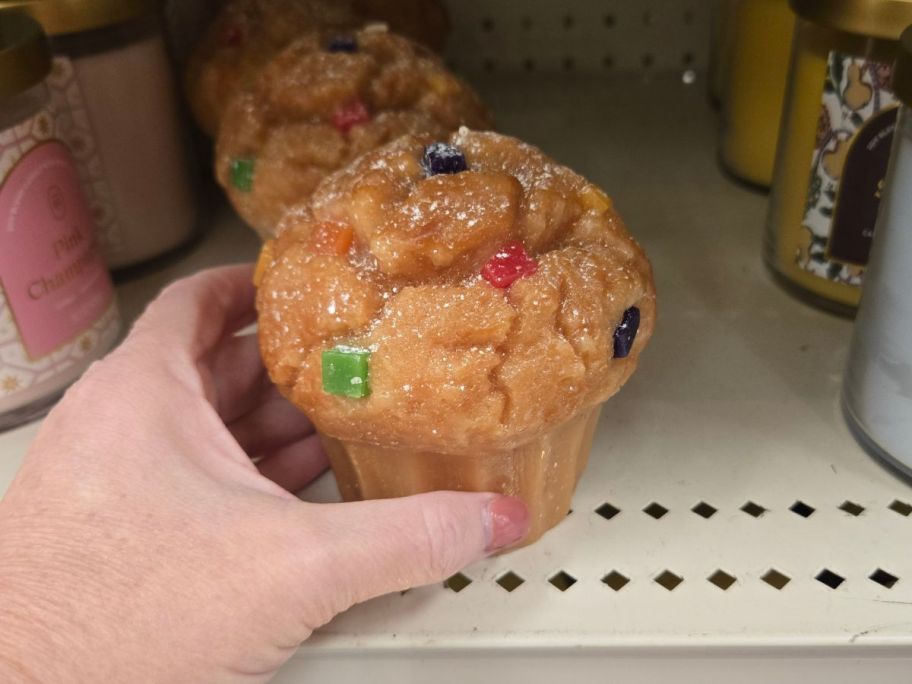 Threshold Muffin Candle on shelf in store