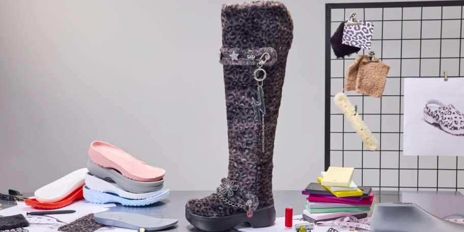 black leopard print fur croc boot