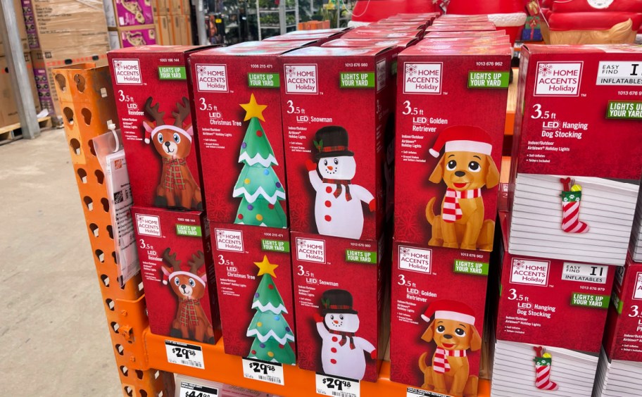 christmas inflatables on display at Home Depot