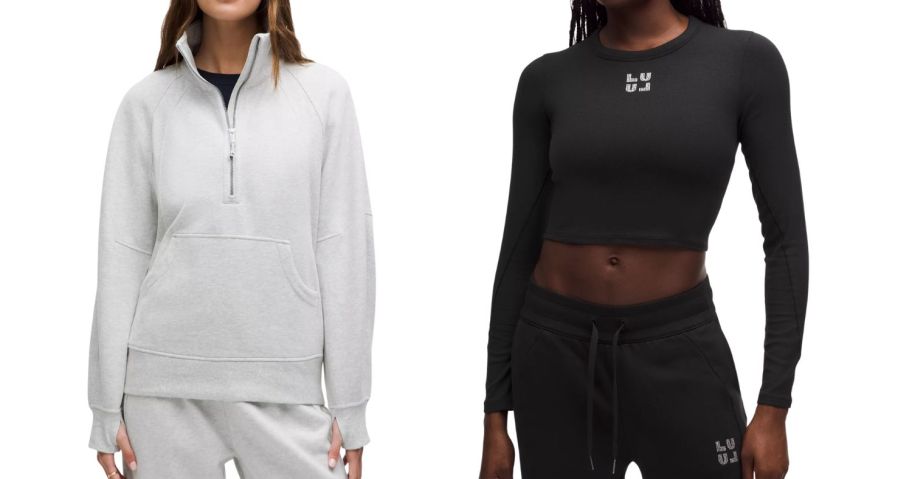 two women wearing lululemon sweatshirt and long sleeve top
