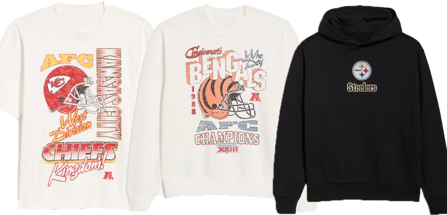 nfl white tee, and white and black hoodies 
