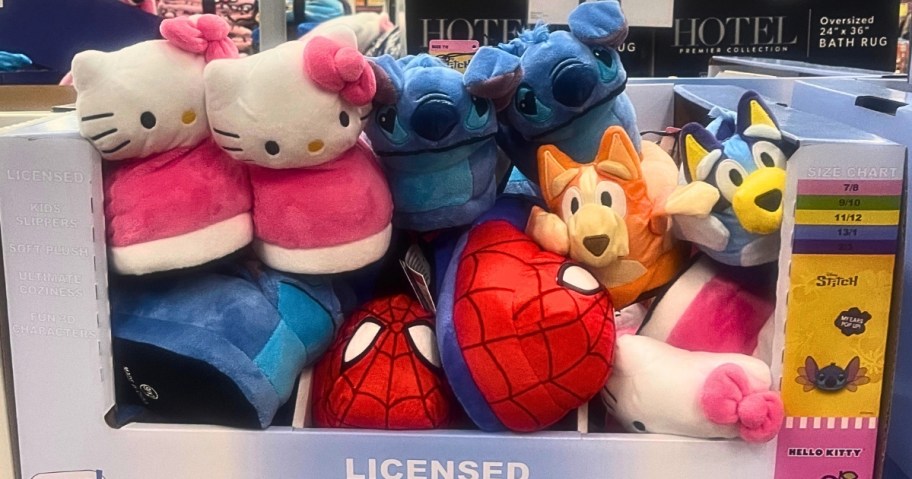 kids character slippers in a display box at Sam's Club
