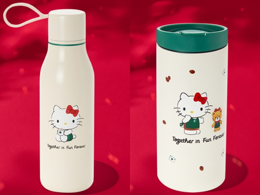 a Starbucks Hello Kitty Water Bottle and Tumbler
