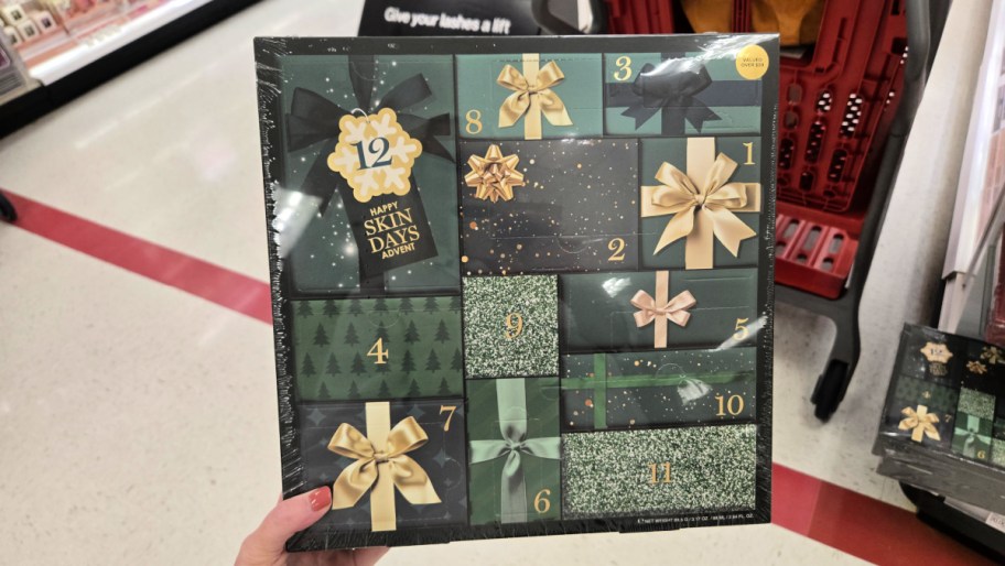 hand holding a target beauty happy skin advent calendar in store