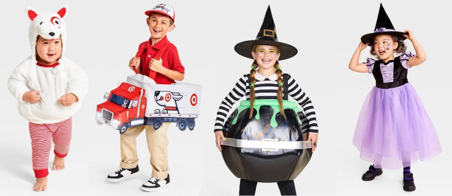 kids wearing target dog, truck, and witch costumes 