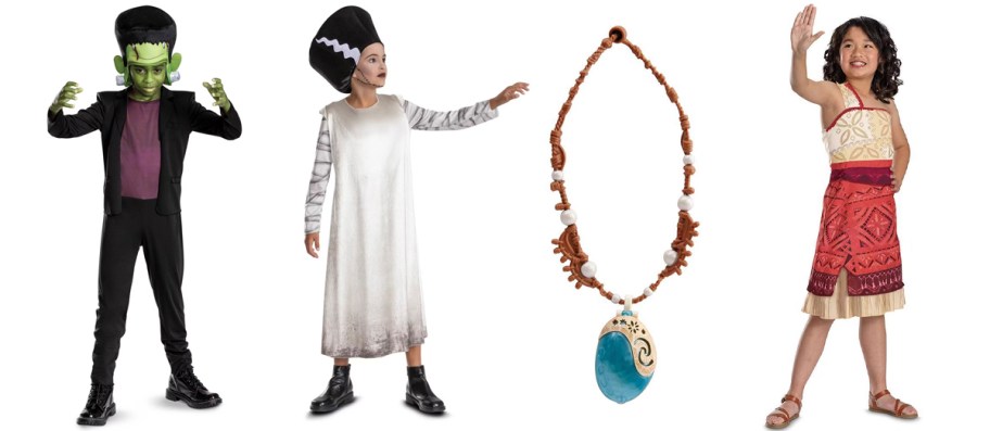 kids wearing frankenstein, bride and moana costumes 