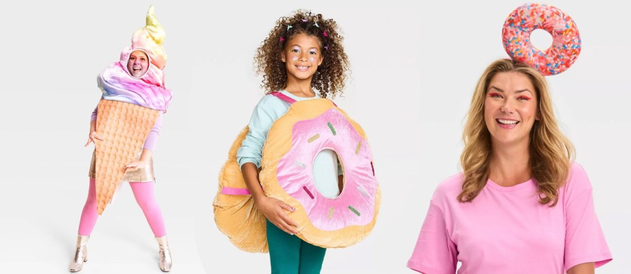 people wearing ice cream cone, and pink donut costumes 