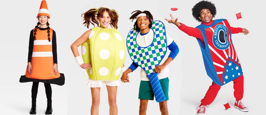 people wearing traffic cone, pickleball, and cornhole costumes 