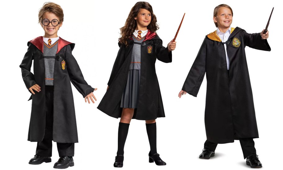 three kids wearing harry potter costumes 