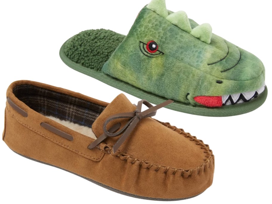 a kids Dino slipper and moccasin style slipper