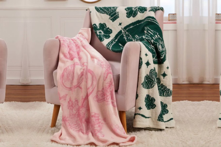 pink and green wicked blankets on chair