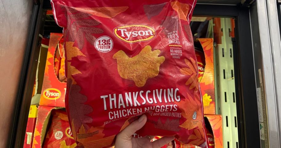 Tyson Thanksgiving Chicken Nuggets 56oz bag in hand in store