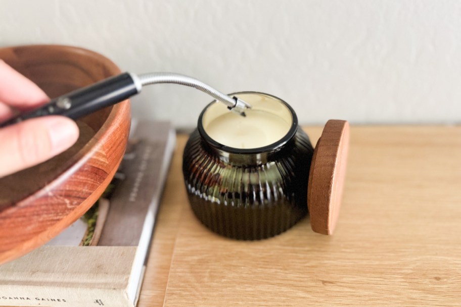 electric lighter in green ribbed candle