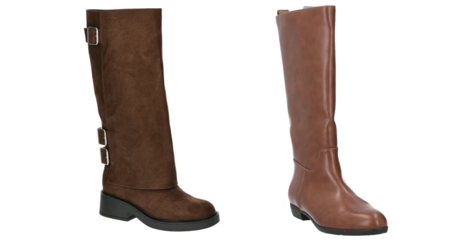 two tall brown boots on white background