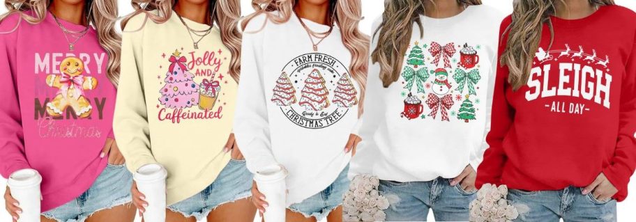 five different christmas sweaters in different patterns