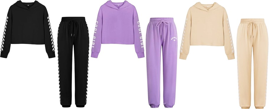 black, purple, and tan sweatshirt and sweatpants sets