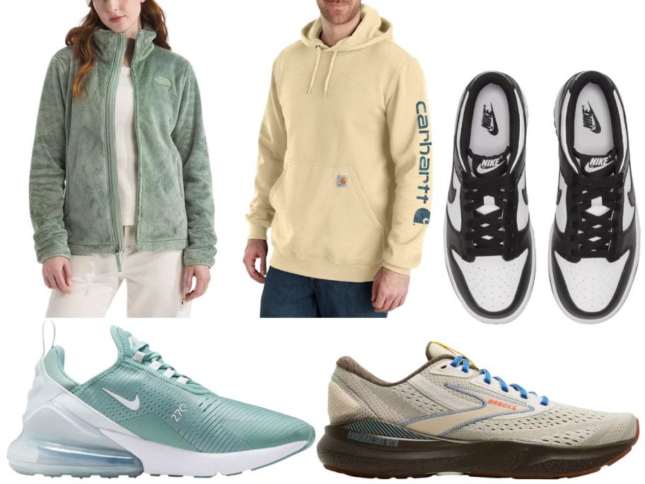 Two people in sweatshirts, and 3 sneakers