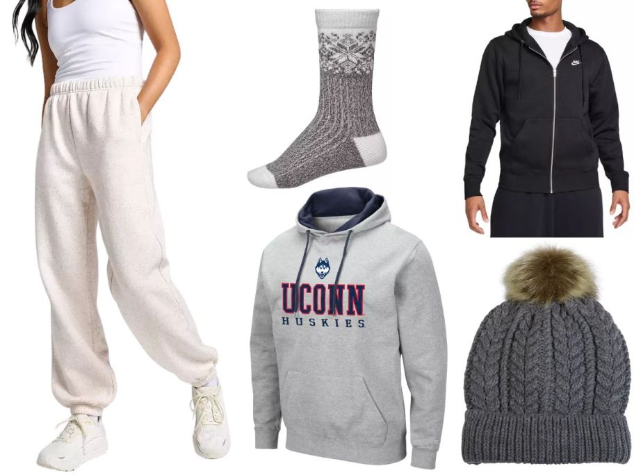A woman in sweatpants, 3 sweatshirts, and socks