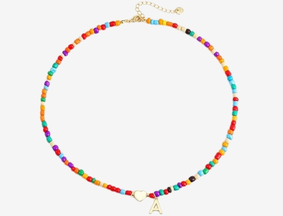 a colorful beaded inital necklace