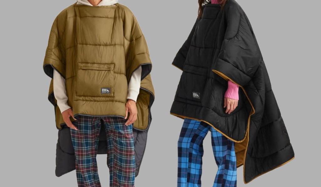 man and woman wearing green and black Eddie Bauer Poncho Blankets