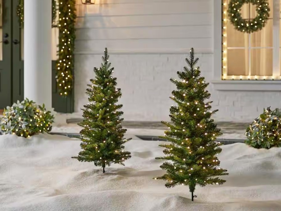 christmas trees with white lights in front yard