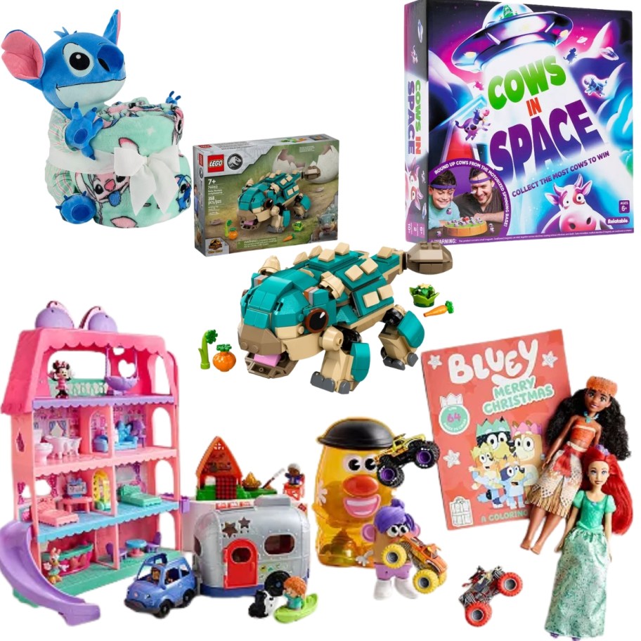 plush Stitch & matching throw blanket, a LEGO Jurassic World Dinosaur Set, a board game, dollhouse, Little People Camper Van, Mr. Potato Head, Bluey coloring book, Disney Princess dolls