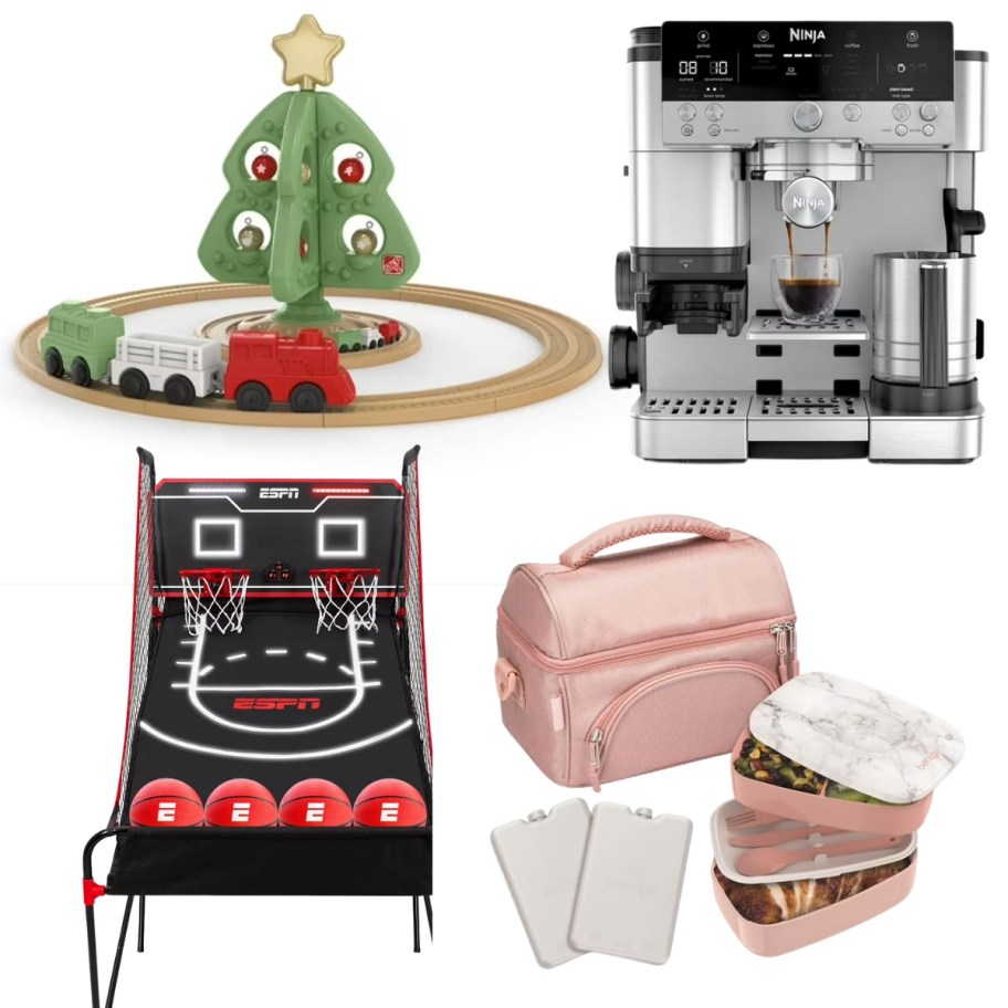 a kids toy Christmas tree and train set, a Ninja coffee machine, a basketball arcade game, and a Bentgo lunch box and bag set