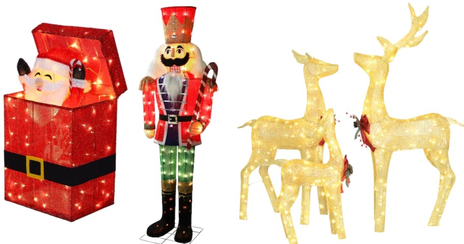 outdoor Christmas decor, Santa in a gift box, Nutcracker, and 3 deer