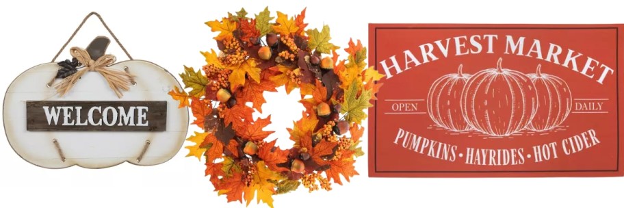 pumpkin wall sign, fall wreath, fall doormat
