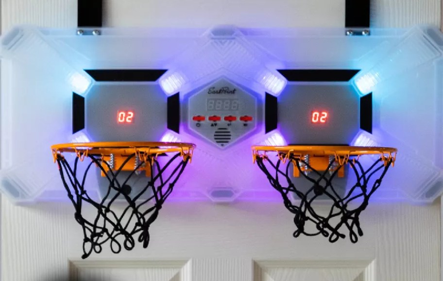 A lit up double basketball hoop.