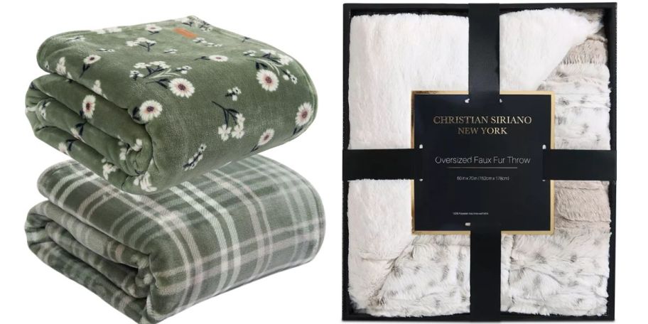 3 throw blankets: one in a box and the others in green