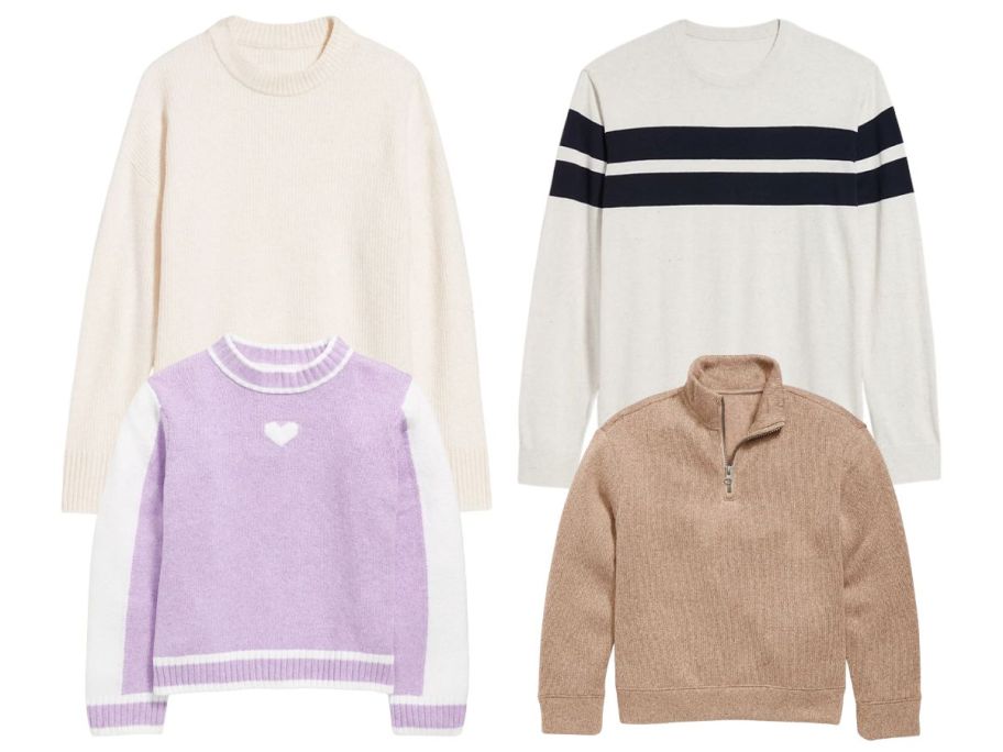 4 sweaters in various colors and sizes