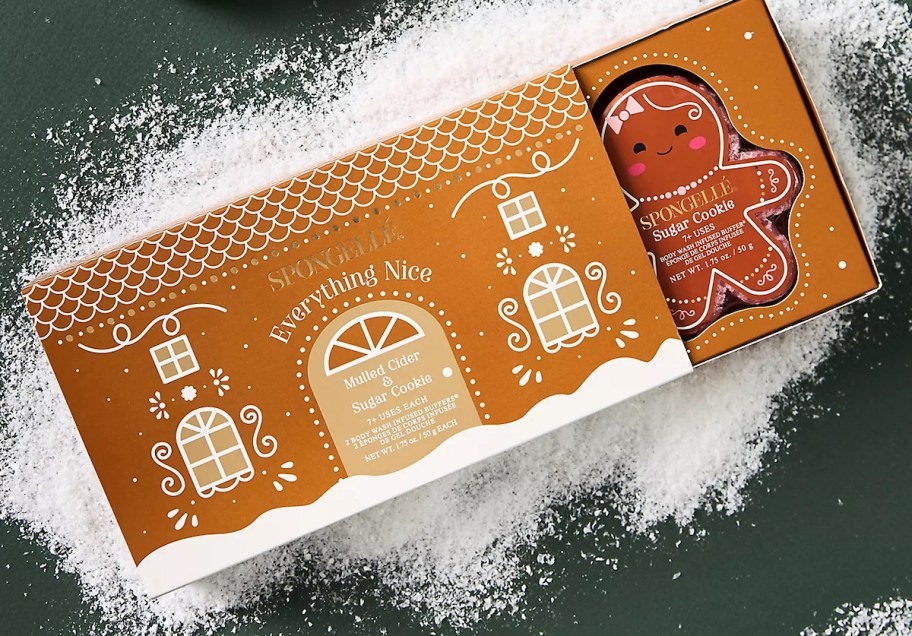 Spongell&eacute; Everything Nice Gingerbread Gift Set on snowy green background