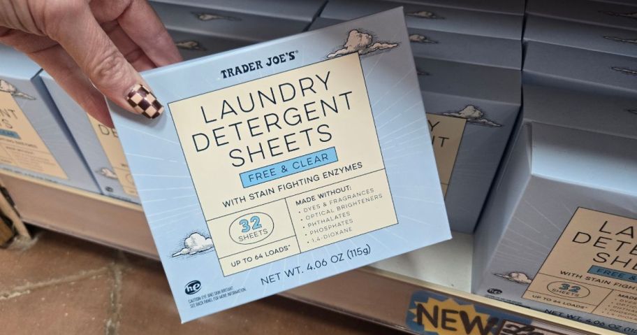 a person holding a box of laundry detergent sheets