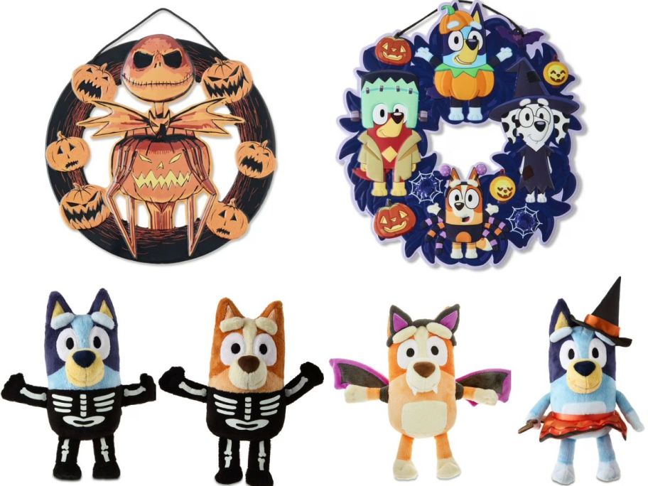 Stock images of Bluey Halloween Plush, a Nightmare before Chirstmas Wreath and Bluey Wreath
