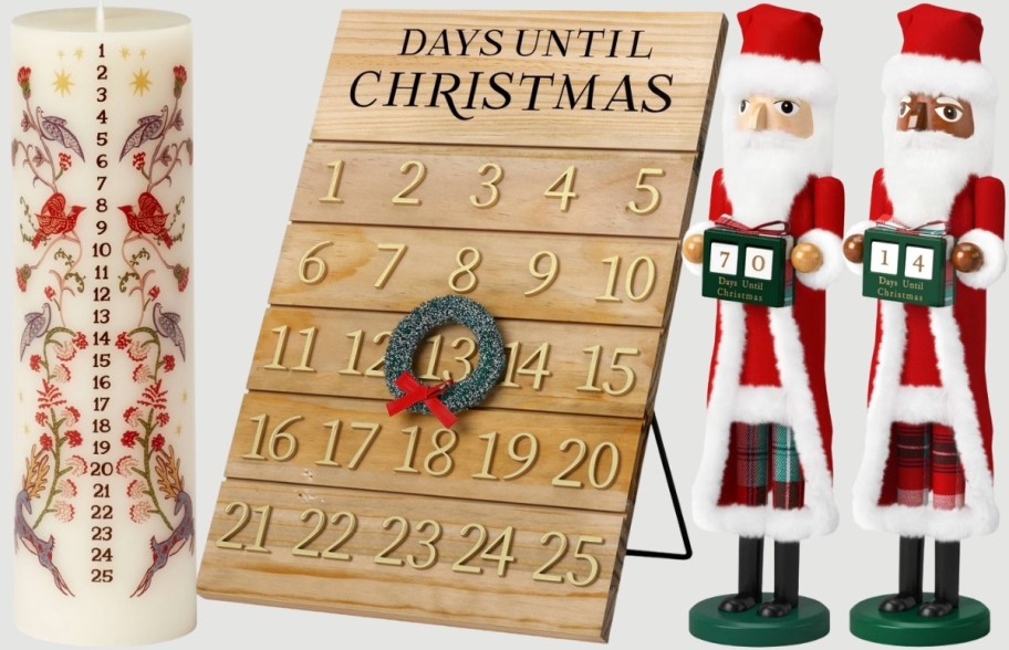 pillar candle advent, wooden sign advent and nutcracker advent calendars