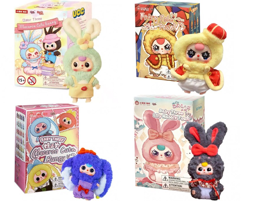 four baby three plush with boxes 