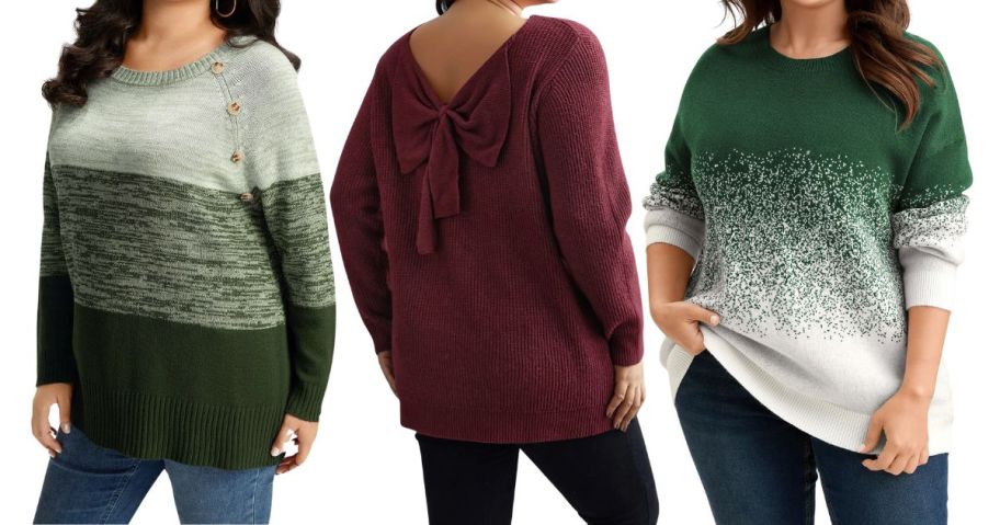 three women wearing bloomchic sweaters