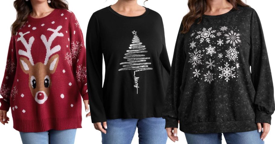 three women wearing bloomchic holiday tops