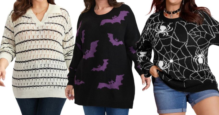 three women wearing bloomchic sweaters
