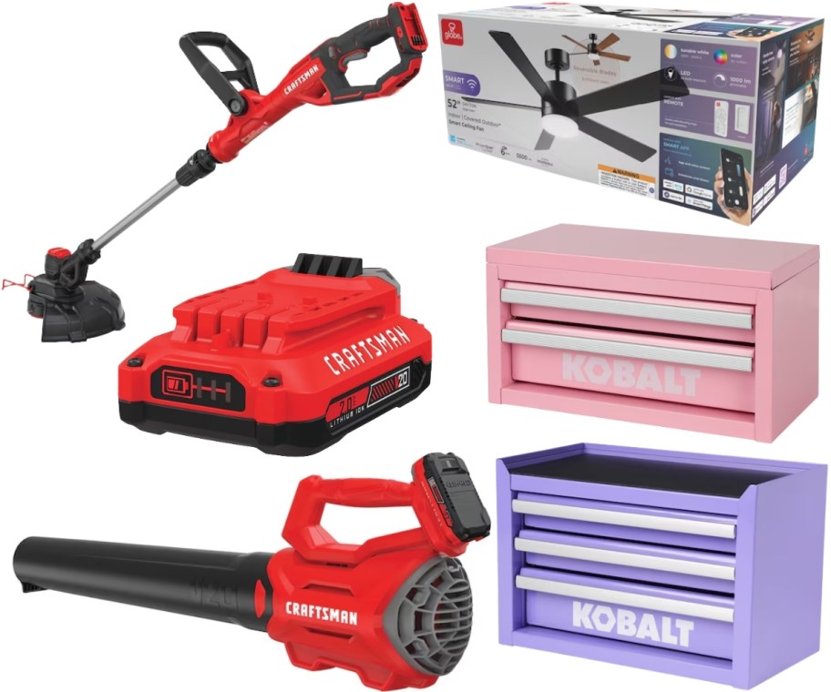trimmer leaf blower kit, small tool chests and ceiling fan