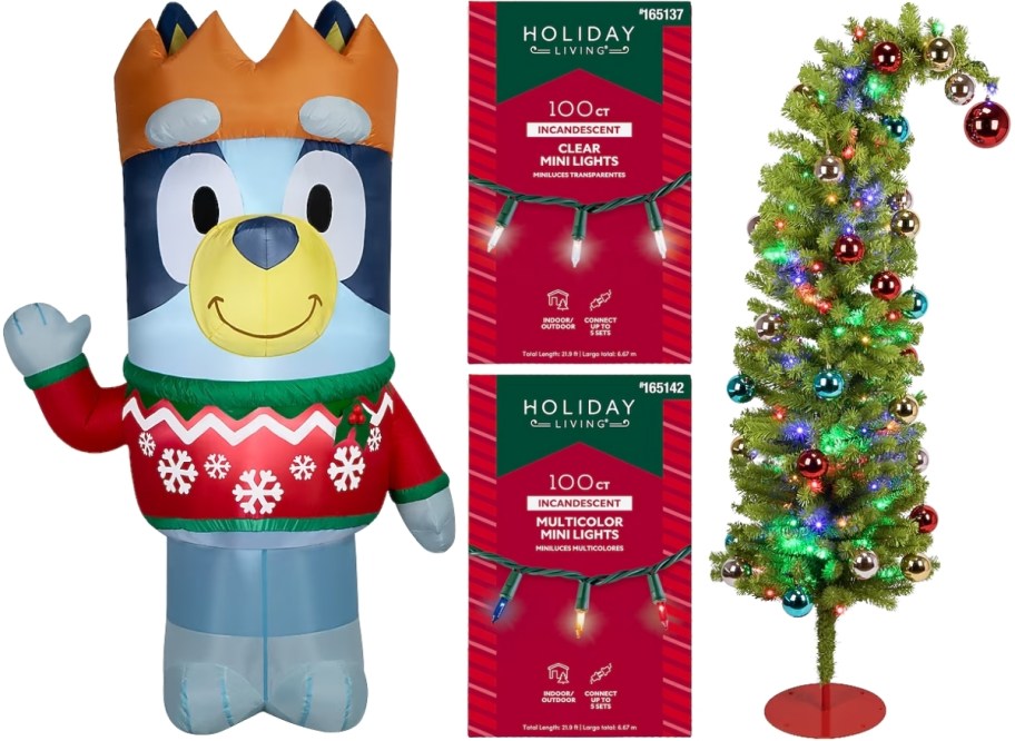bluey inflatable, string lights and grinch tree