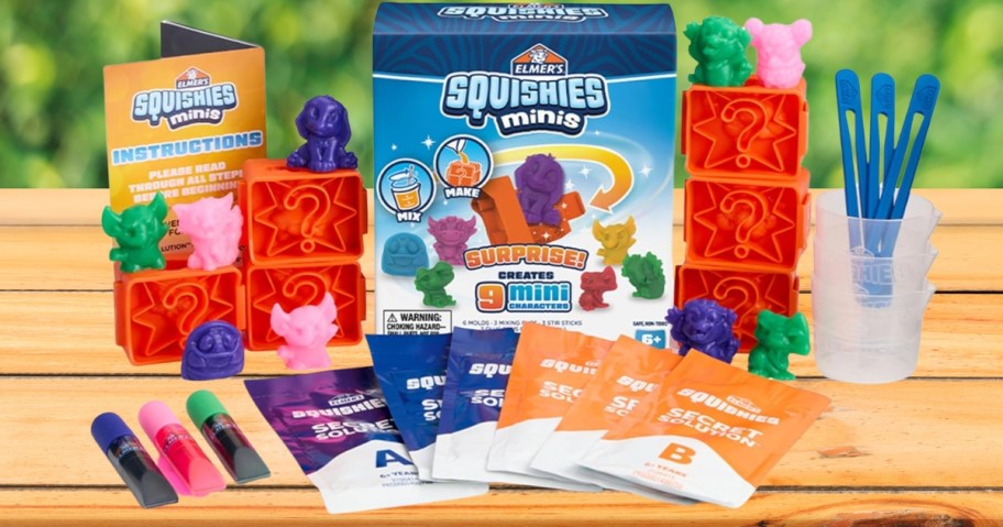 an Elmer's Squishies Mini kit box, molds, and supplies