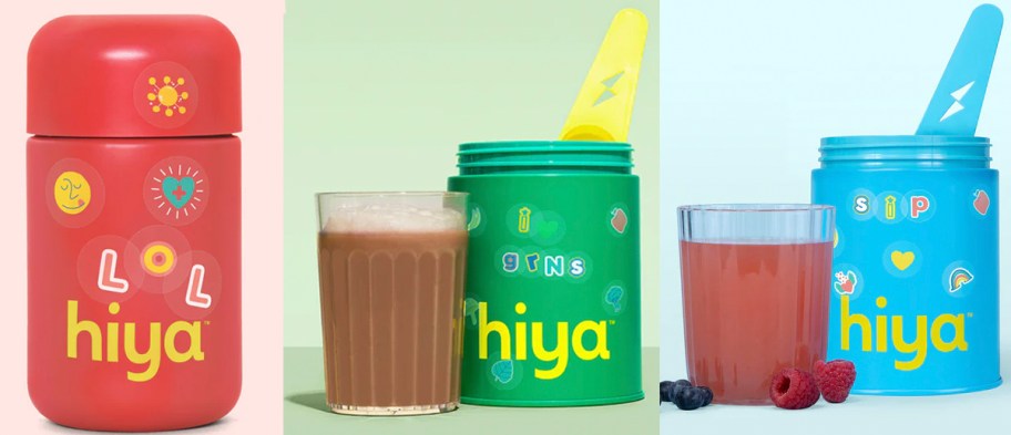 three bottles of hiya vitamins with cups 