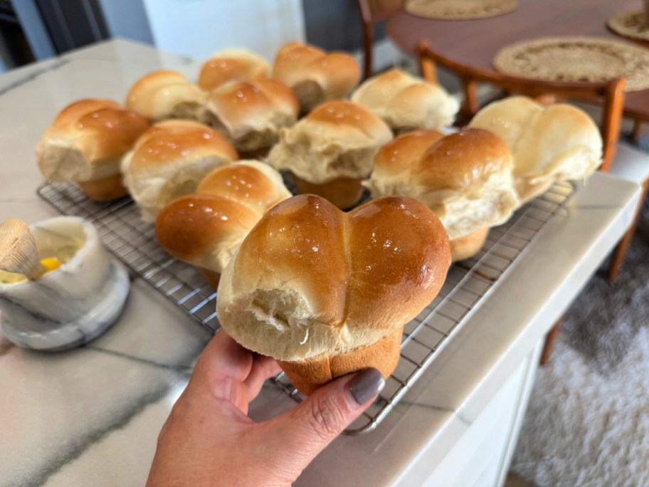 holding a double rhodes roll baked using a muffin pan (1)