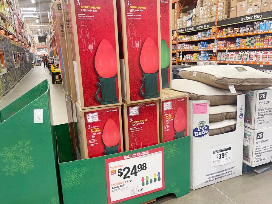 red jumbo light bulb boxes on display in store 