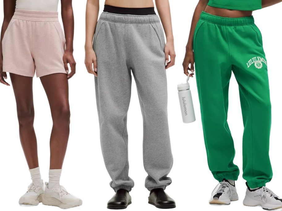 Stock images of 3 women wearing lululemon scuba shorts and sweatpants