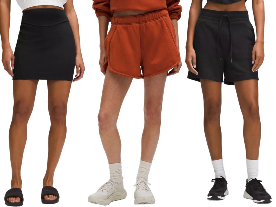 Stock images of three women wearing a lululemon scuba skirt and shorts