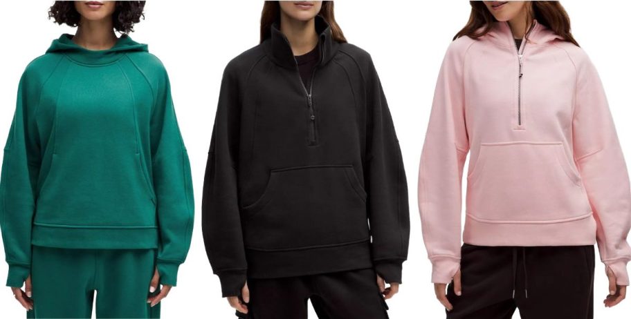 Stock images of 3 women wearing lululemon scuba sweatshirts